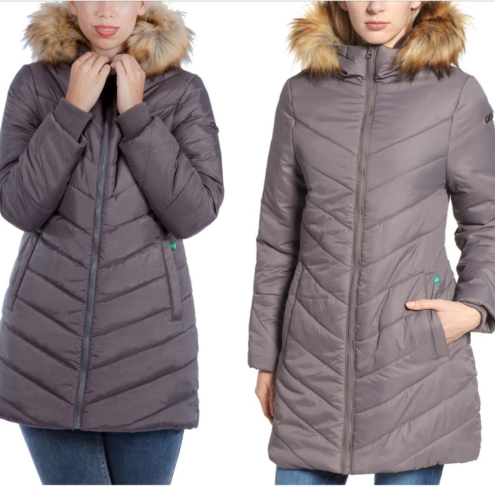 Modern Eternity Faux Fur Trim Convertible Puffer Maternity Jacket 3 in 1